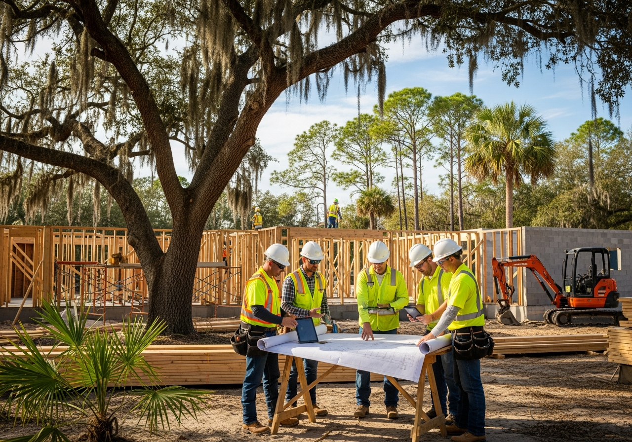 Construction team building a residential home in North Florida