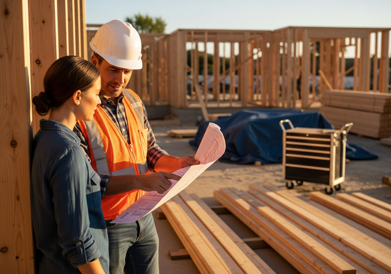 Plumb Level Construction project manager reviewing plans with homeowner at job site